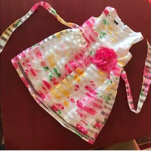 Floral girls dress with stripes and tie waist